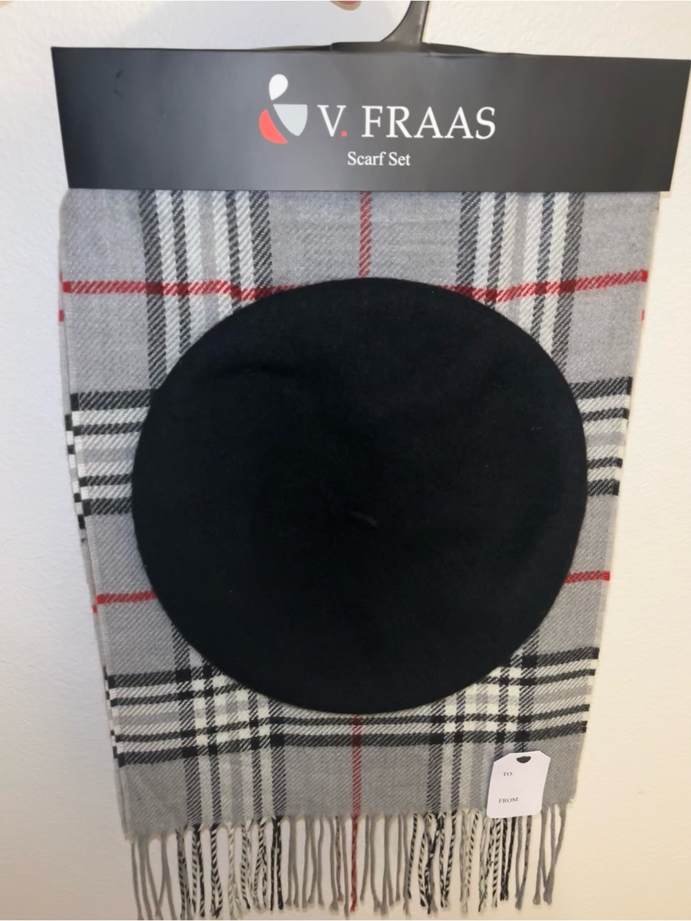 V. FRAAS Grey Plaid Scarf with Black Beret